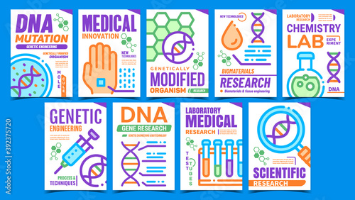 Biomaterials Creative Promotion Posters Set Vector. Biomaterials Research And Chemistry Lab Experiment, Dna Mutation And Gmo Advertising Banners. Concept Template Style Color Illustrations