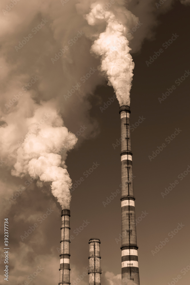 The thick smoke rises high from the industrial pipes. Pollution of the environment with waste products. Black and white photo. The thick smoke rises high from the industrial pipes. Pollution of the environment with waste products. Black and white photo.