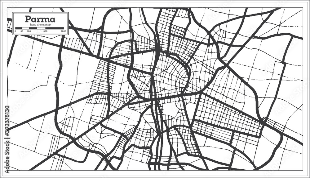 Parma Italy City Map in Black and White Color in Retro Style. Outline Map.