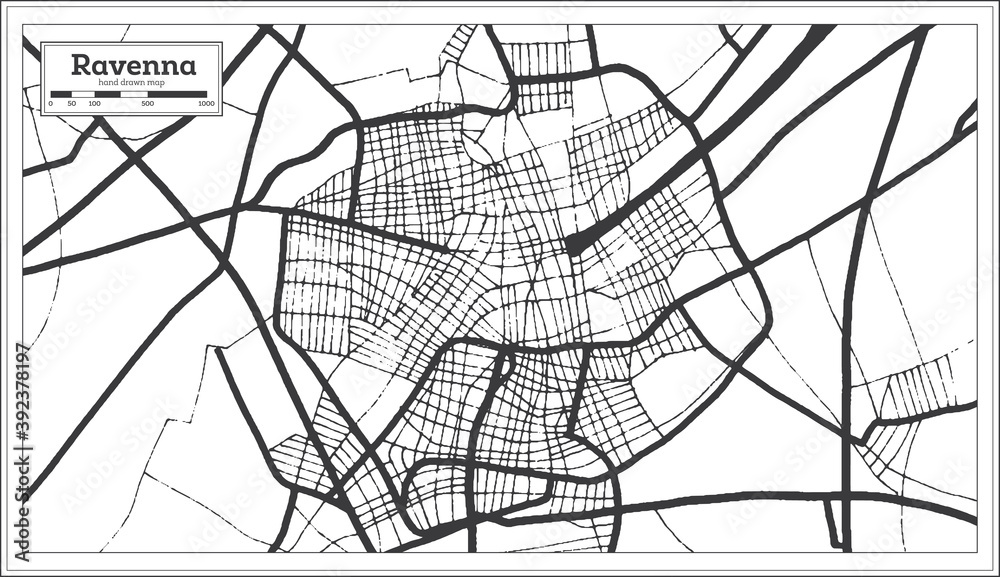 Ravenna Italy City Map in Black and White Color in Retro Style. Outline Map.