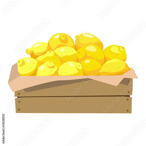 Lemons in a wooden box. Vector illustration. Isolated on white.