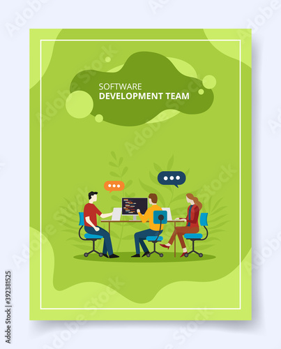 software development team people discussion build program for template of banners, flyer, books cover, magazines with liquid