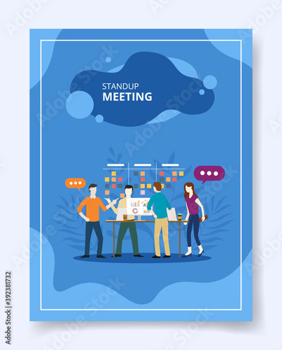 stand up meeting team people discussion on work place template of banners, flyer, books cover, magazines with liquid shape style