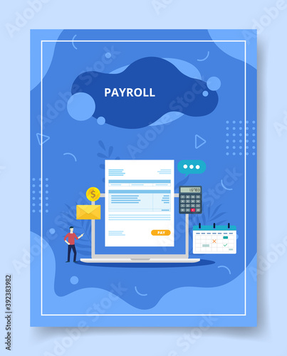 payroll in display laptop screen men standing nearby for template of banners, flyer, books cover, magazines with liquid shape style