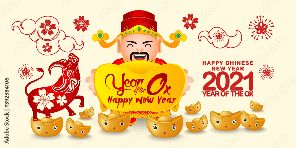 Happy Chinese new year 2021, little ox and chinese gold ingots, the year of the ox zodiac, Chinese God of Wealth and Ox Happy Chinese new year 2021, little ox and chinese gold ingots, the year of the ox zodiac, Chinese God of Wealth and Ox