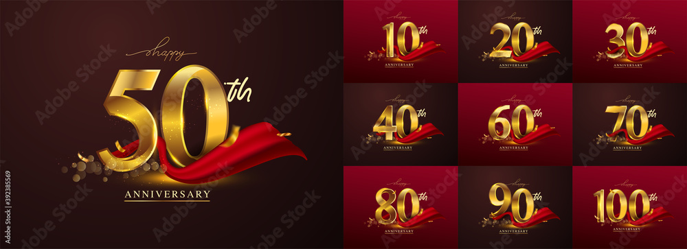 Set of anniversary logotype and red ribbon. Golden anniversary celebration emblem design for booklet, leaflet, magazine, brochure poster, web, invitation or greeting card. Vector illustration.