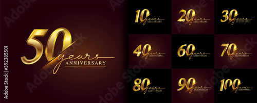 Set of anniversary logotype design with handwriting golden color for celebration event, wedding, greeting card, and invitation. Vector illustration.