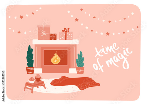 Simple interior with fireplace, set of gift boxes, lettering. Red blanket on the floor, two cups with hot chocolate or coffee on tray. Cozy home, warm evening, Christmas and New Year time of magic.
