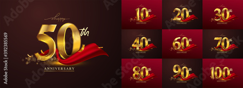 Obraz na płótnie Set of anniversary logotype and red ribbon. Golden anniversary celebration emblem design for booklet, leaflet, magazine, brochure poster, web, invitation or greeting card. Vector illustration. w salonie
