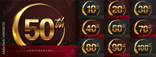 Set of anniversary logotype design with golden ring and handwriting golden color for celebration event, wedding, greeting card, and invitation. Vector illustration.
