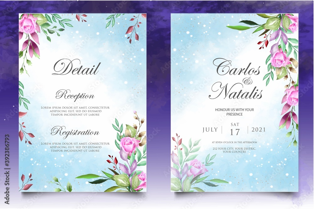 Obraz premium Watercolor wedding invitation floral and leaves card template