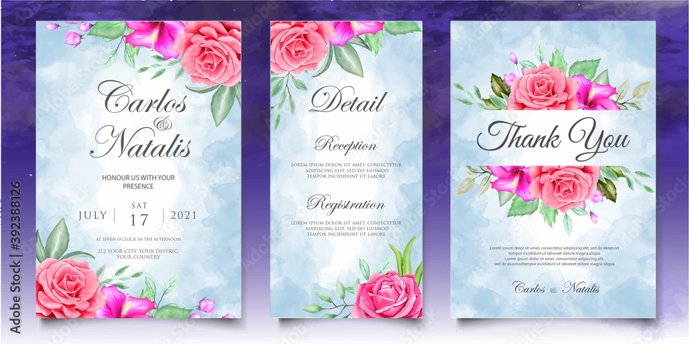 Naklejka premium Watercolor wedding invitation floral and leaves card template
