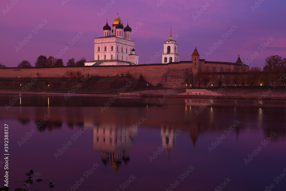 October twilight near the Pskov Kremlin. Pskov, Russia
