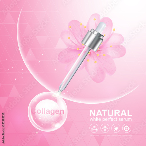 Collagen Sakura Serum or Vitamin and Background Vector Skin Care Cosmetic 