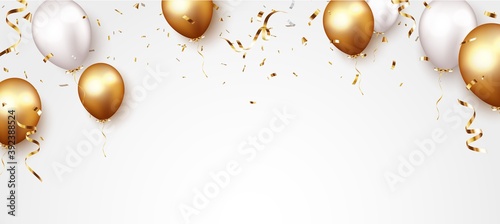 Fotografering Celebration banner with gold confetti and balloons
