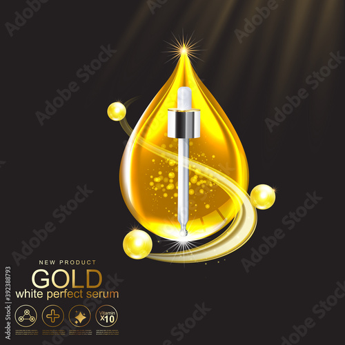 Collagen Perfect Serum Gold and Vitamin Background Concept Skin Care Cosmetic.