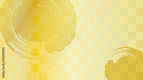 丸い金色の筆ストロークと市松模様の背景イラスト