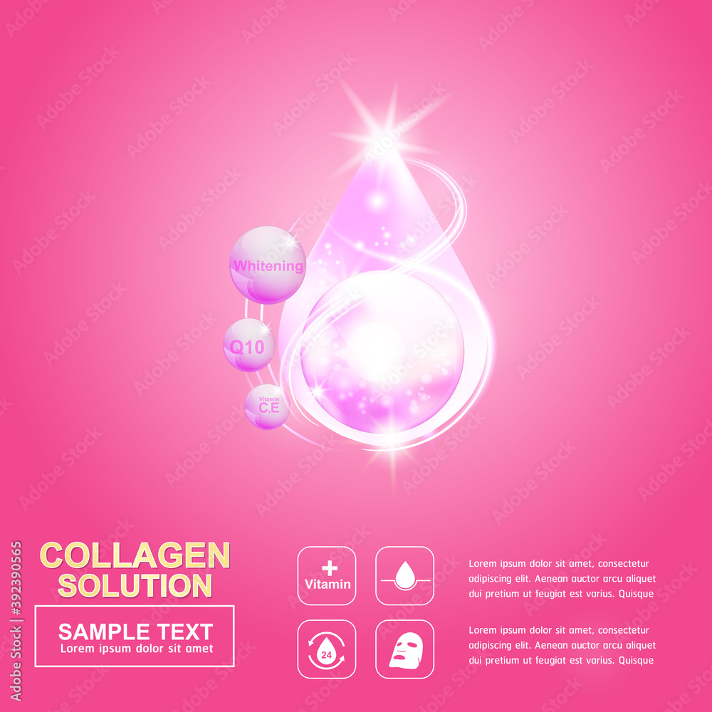 Collagen Solution Serum Drop and Vitamin Background Skin Care Cosmetic concept. Collagen Solution Serum Drop and Vitamin Background Skin Care Cosmetic concept.