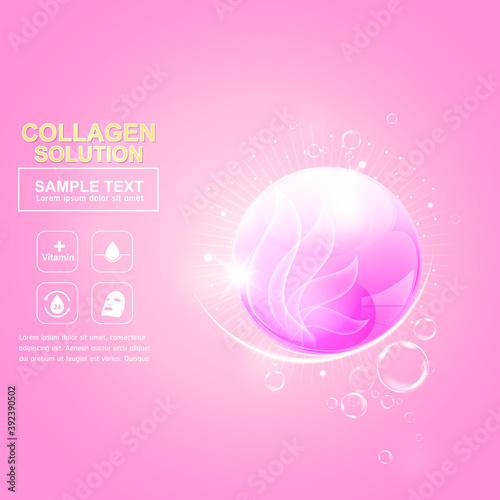 Collagen Solution Serum Drop and Vitamin Background Skin Care Cosmetic concept.