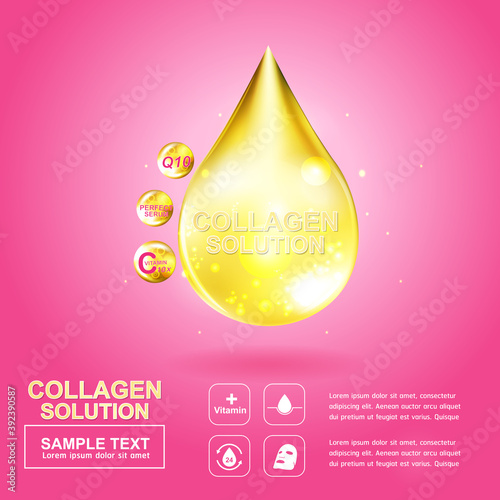 Collagen Solution Serum Drop and Vitamin Background Skin Care Cosmetic concept.