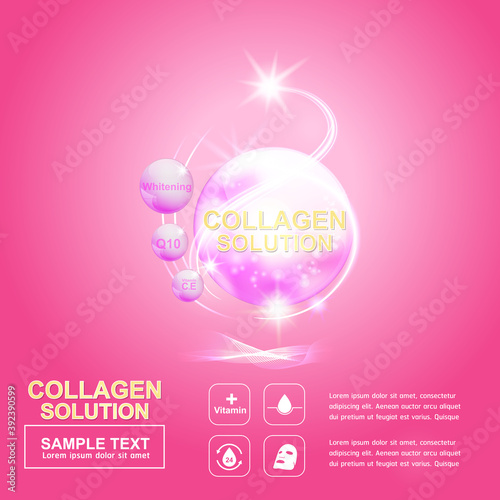 Collagen Solution Serum Drop and Vitamin Background Skin Care Cosmetic concept.