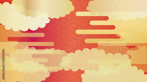 複数の雲と青海波の連続模様の背景イラスト　赤バージョン