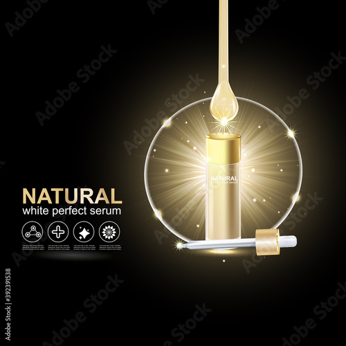 Collagen Perfect Serum Gold and Vitamin Background Concept Skin Care Cosmetic.