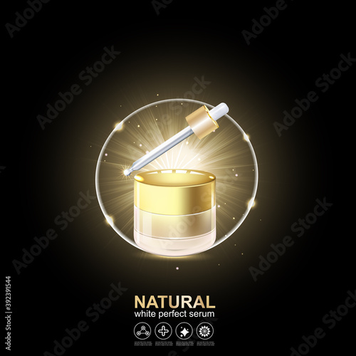 Collagen Perfect Serum Gold and Vitamin Background Concept Skin Care Cosmetic.