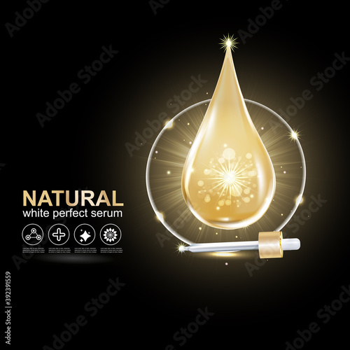 Collagen Perfect Serum Gold and Vitamin Background Concept Skin Care Cosmetic.