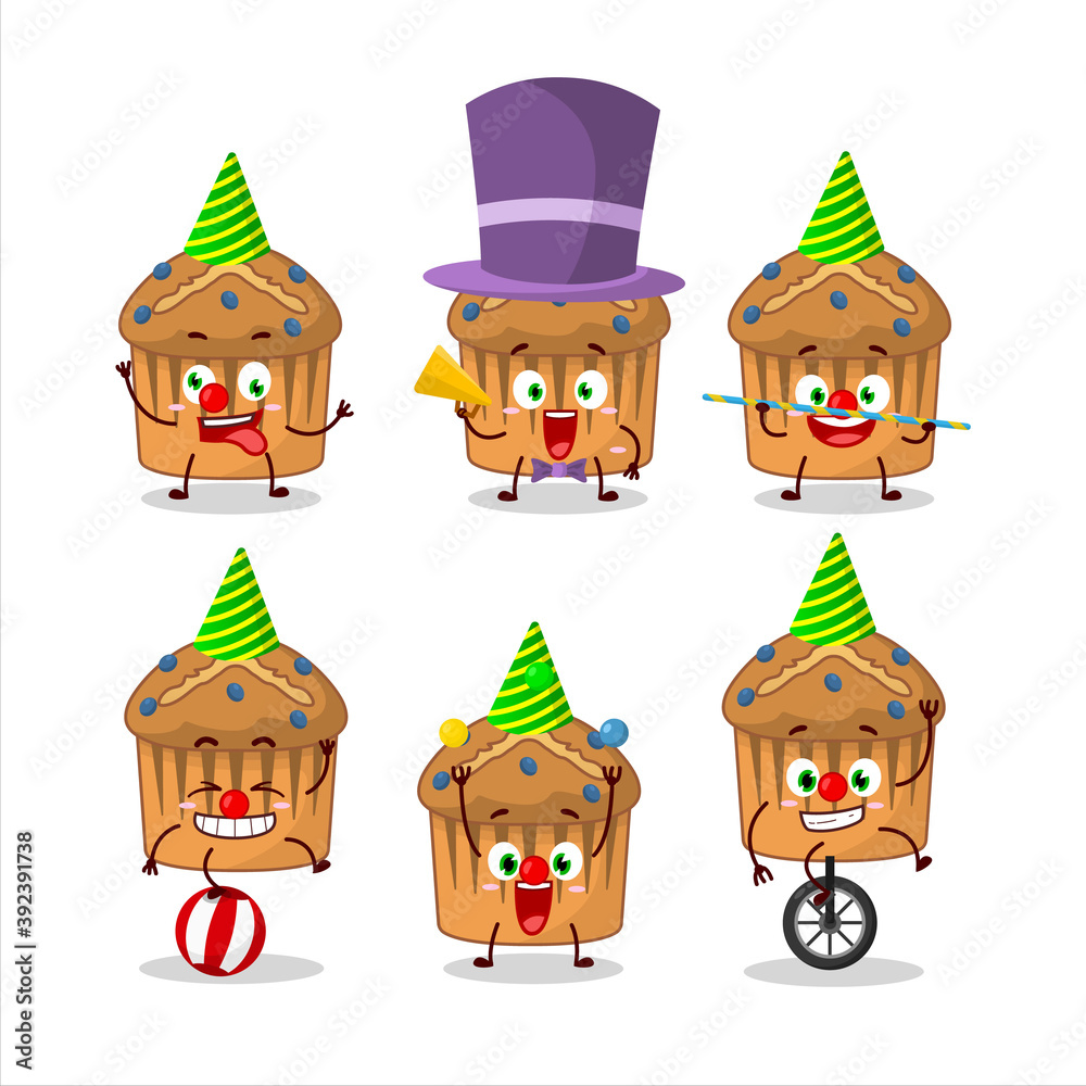 Cartoon character of blueberry muffin with various circus shows Cartoon character of blueberry muffin with various circus shows