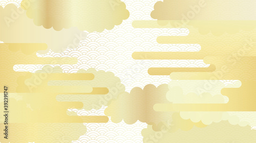 複数の雲と青海波の連続模様の背景イラスト　白バージョン