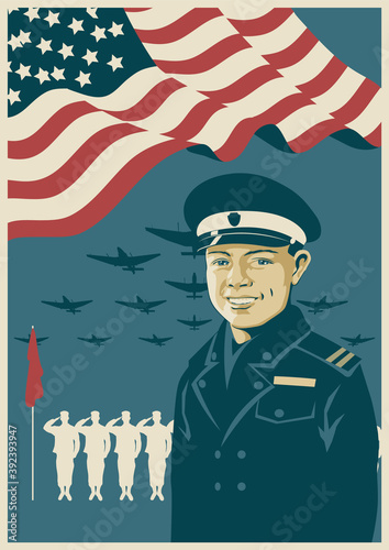Soldier, Planes, American Flag Background Retro Propaganda Posters Style Illustration 