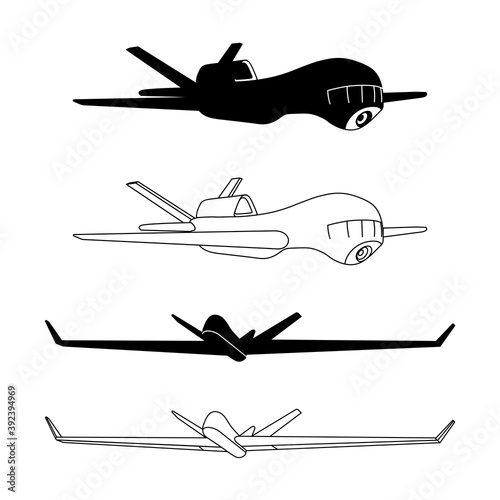 set of military drones for reconnaissance & attack with remote control, modern aviation technologies, vector illustration, silhouette & black contour lines, isolated on a white background 