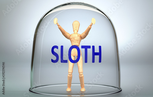 Sloth can separate a person from the world and lock in an invisible isolation that limits and restrains - pictured as a human figure locked inside a glass with a phrase Sloth, 3d illustration photo