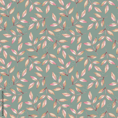 Pattern of watercolor pink and orange branches with leaves. Simple nature seamless background.