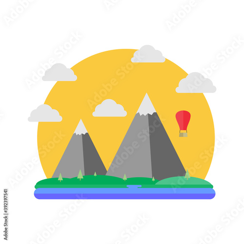 Illustration vector graphic of Mountain views and green hills of trees good for cover, illustration, landscape animation, etc