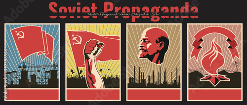 Soviet Propaganda Posters Template Set, Red Banner, Construction Site Background, Fist, Torch, Communist Leader'd Portrait photo