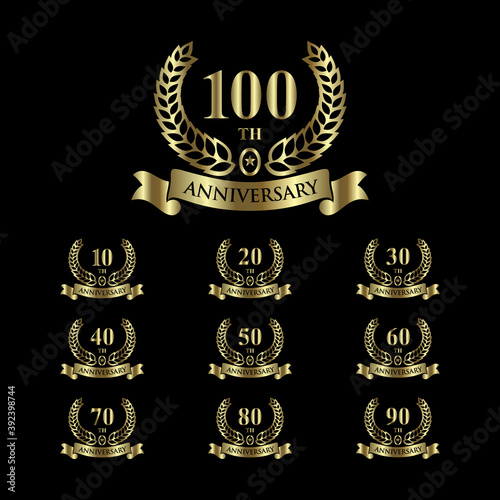 Collection anniversary logo ribbon wreath 10, 20, 30, 40, 50, 60, 70, 80, 90 and 100