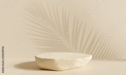 Stone product display podium with shadow nature leaves on brown background. 3D render	 photo