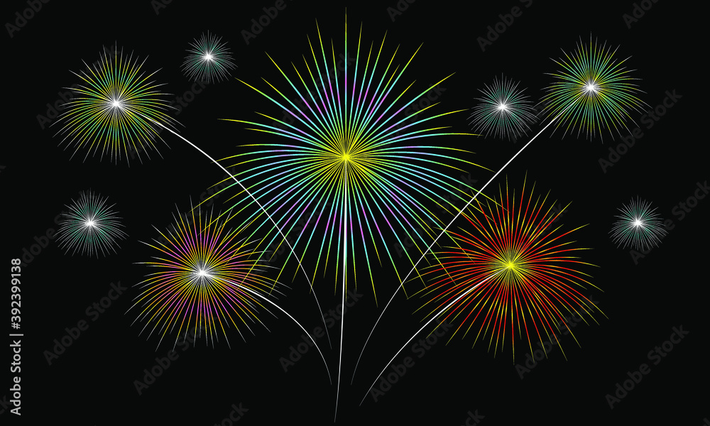 Festive fireworks display over the city at night scene for holiday and celebration background design. Vector illustration.