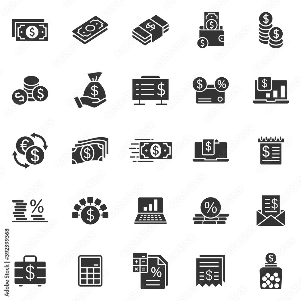 Money finance icon set in flat style. Payment vector illustration on white isolated background. Currency budget business concept.