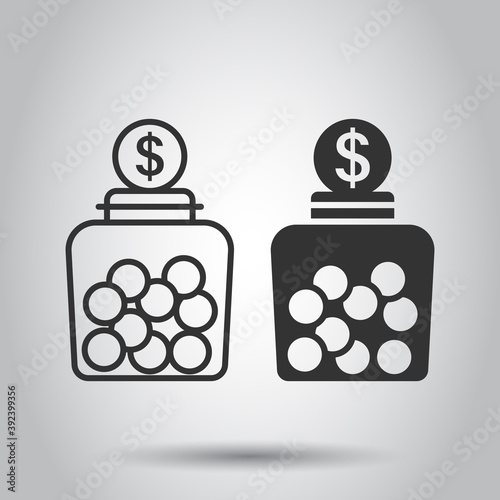 Money box icon in flat style. Coin jar container vector illustration on white isolated background. Donation moneybox business concept.