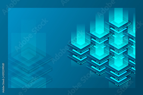 Isometric futuristic Hosting server. 3D Digital background. Abstract datacenter or blockchain background. Server farm communication with internet. Computer storage, vector illustration