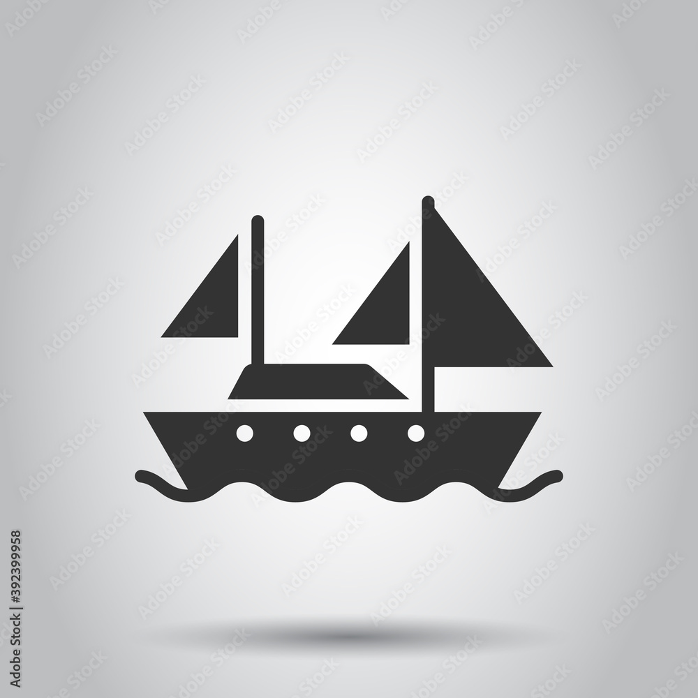 Tourism ship icon in flat style. Fishing boat vector illustration on white isolated background. Tanker destination business concept. Tourism ship icon in flat style. Fishing boat vector illustration on white isolated background. Tanker destination business concept.