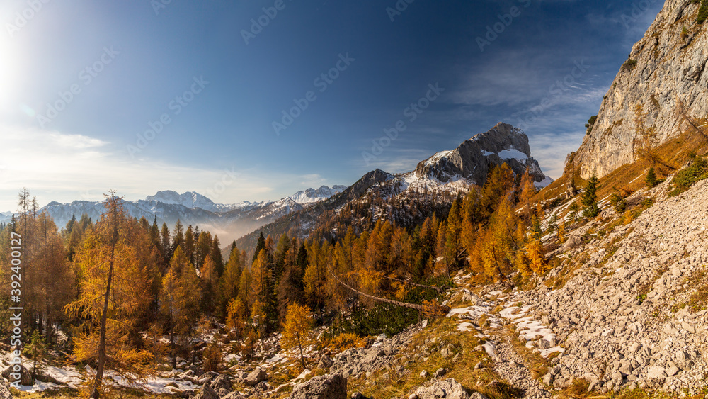 Trekking day in a snowy autumn in the Dolomiti Friulane, Friuli-Venezia Giulia