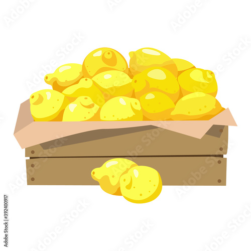 Lemons in a wooden box. Vector illustration. Isolated on white.