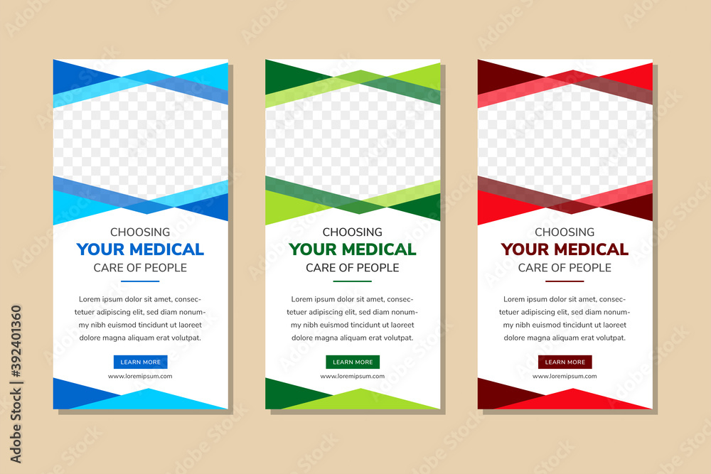 vertical layout of web banner template design for promotion of your medical doctor.  three variation colors for choose are red, green, and blue. hexagon shape of space for photo.