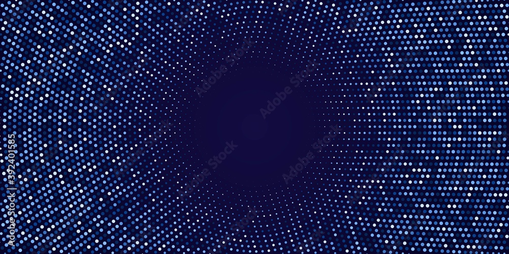 Obraz premium Abstract halftone circular background. Blue dot pattern on dark background. Bright vintage wallpaper vector illustration. Shining vibrant retro glow. Modern 3d art design