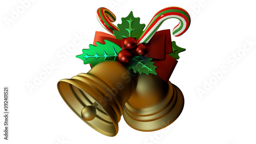 Golden christmas Jingle Bells decoration  on a white background . 3d illustration
