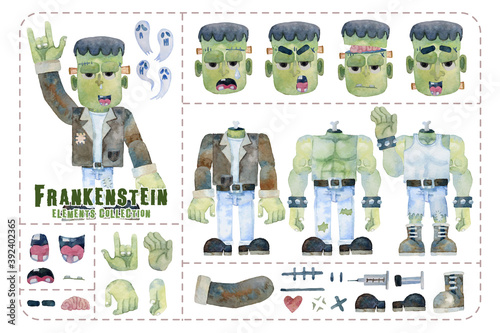 Cute Frankenstein elements, dresses and expression, isolated Halloween collection watercolor painting. 